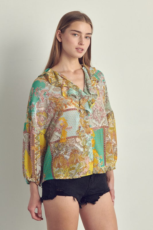 Ruffle neck button long sleeve in chiffon