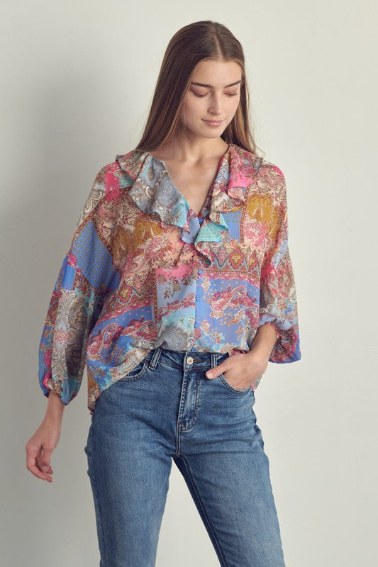 Ruffle neck button long sleeve in chiffon