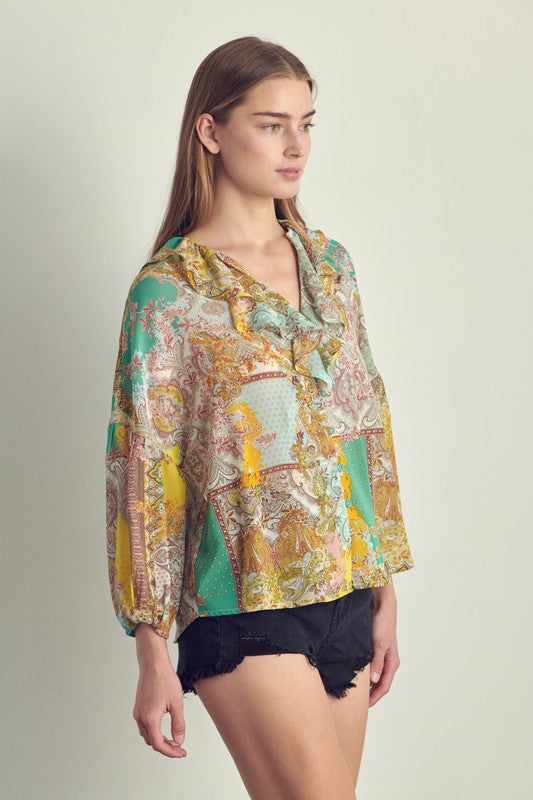 Ruffle neck button long sleeve in chiffon