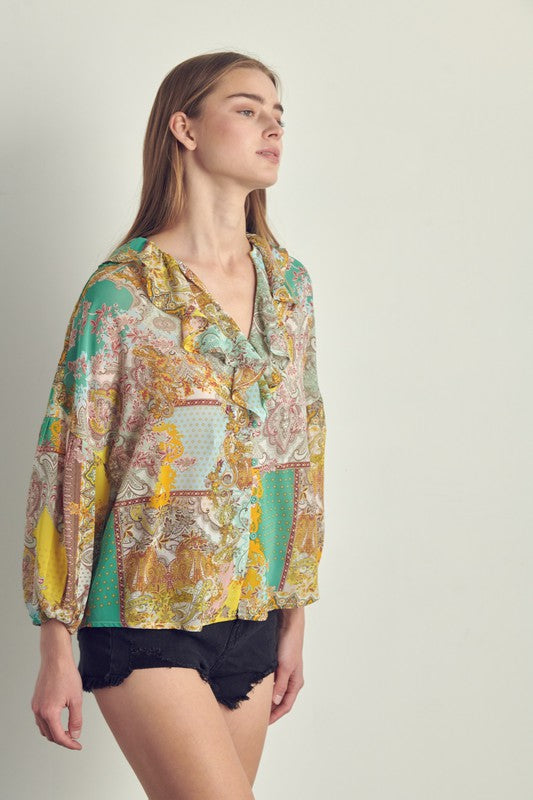 Ruffle neck button long sleeve in chiffon