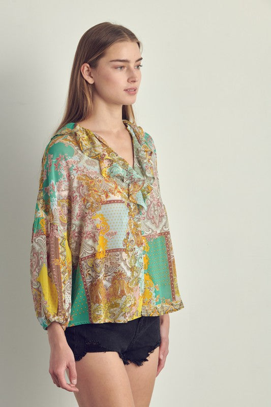 Ruffle neck button long sleeve in chiffon