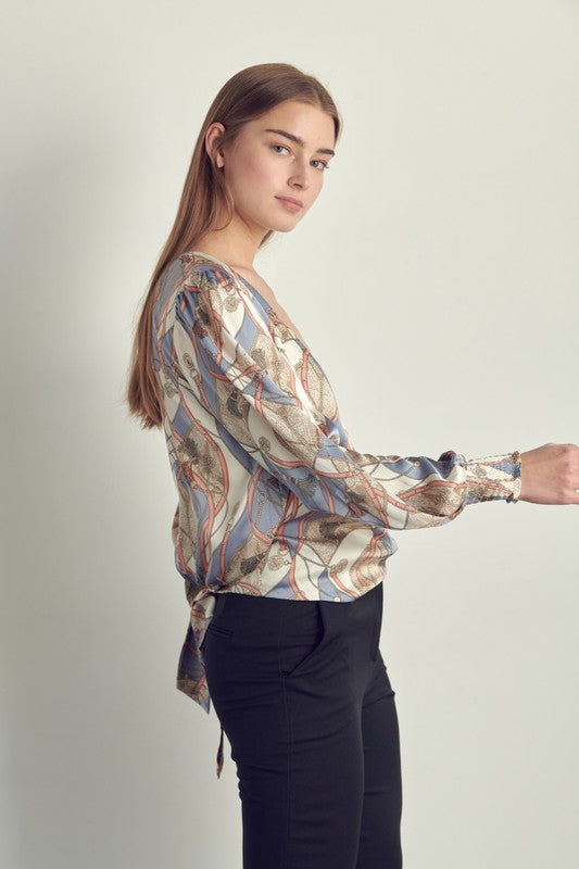 Smocked long sleeve satin blouse