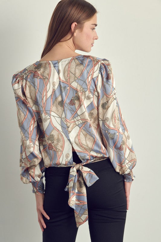 Smocked long sleeve satin blouse