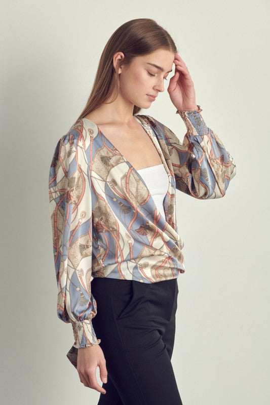 Smocked long sleeve satin blouse