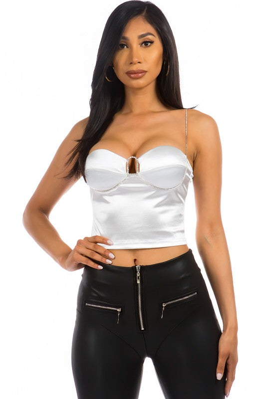 Jewel Crop Satin Diamond Strap Top