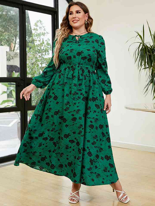 Plus Size Printed Long Sleeve Tie Neck Dress