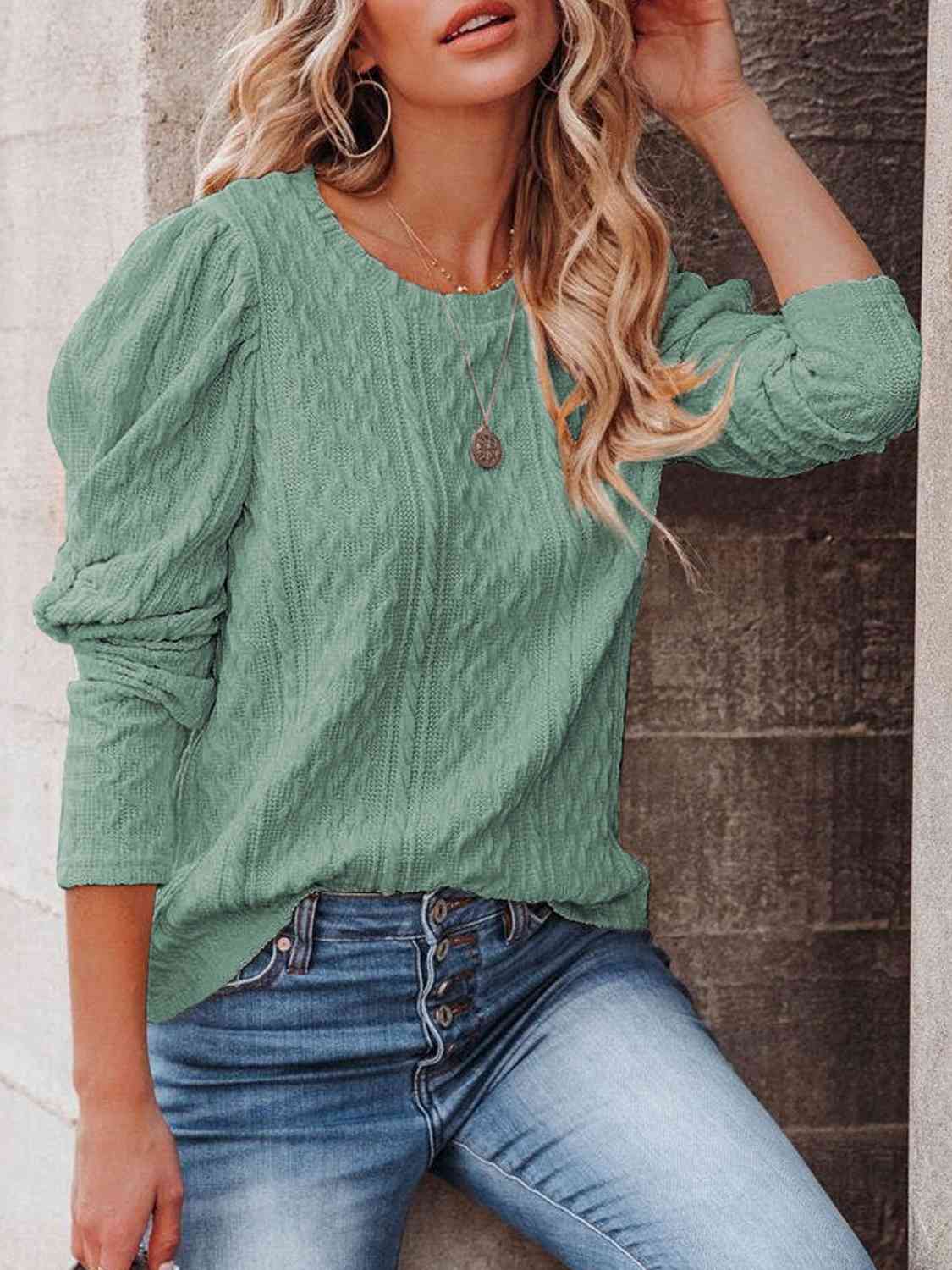 Round Neck Puff Sleeve Knit Top