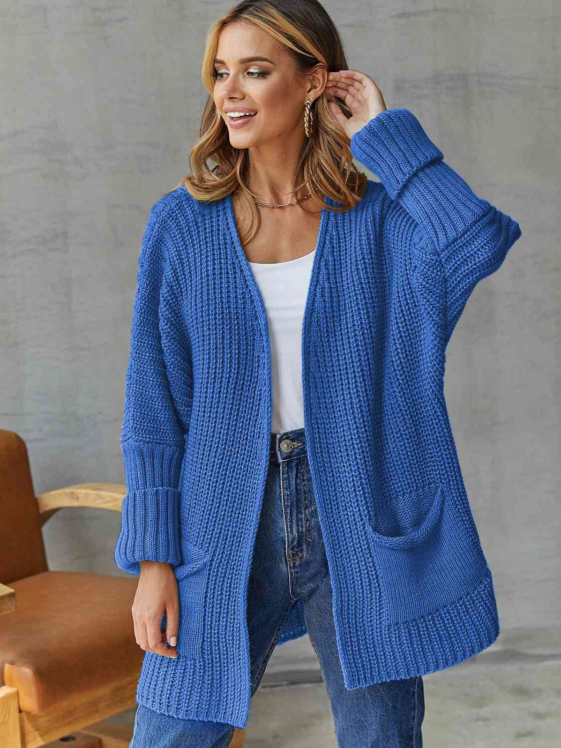 Open Front Long Sleeve Cardigan with Pockets