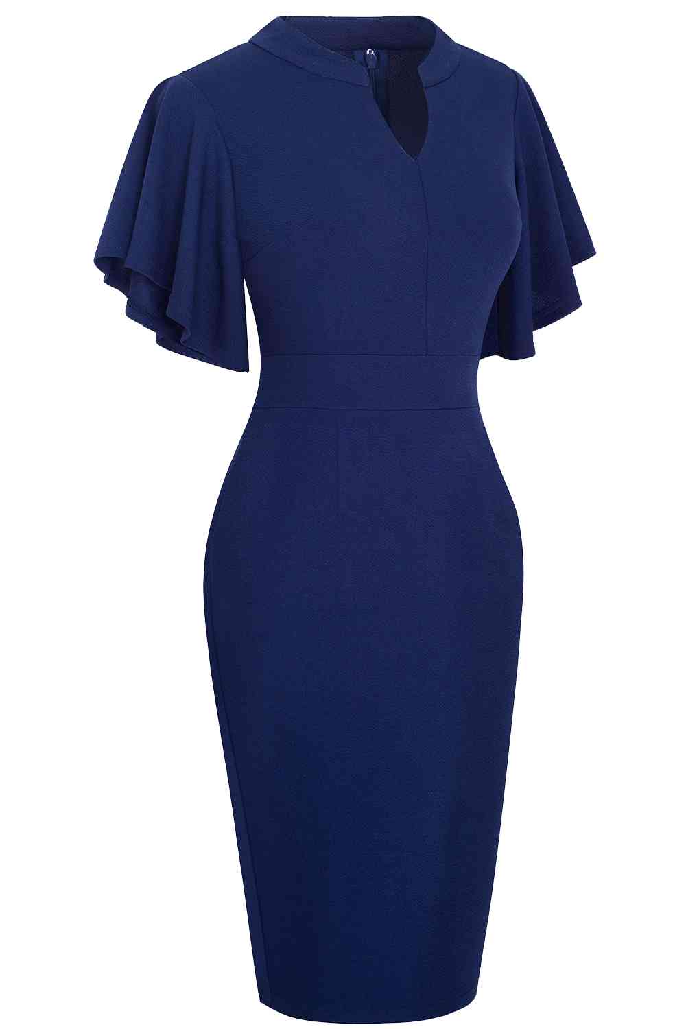 Notched Neck Flutter Sleeve Pencil Dress