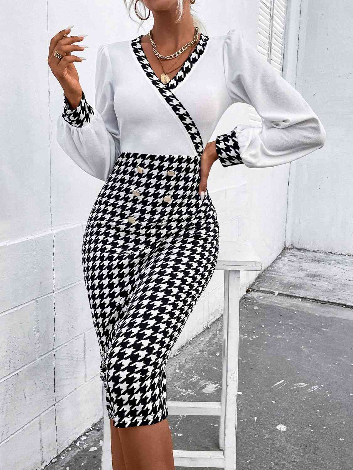 Houndstooth Long Sleeve Slit Dress