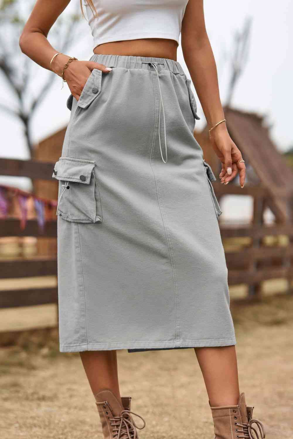 Drawstring Waist Slit Denim Skirt