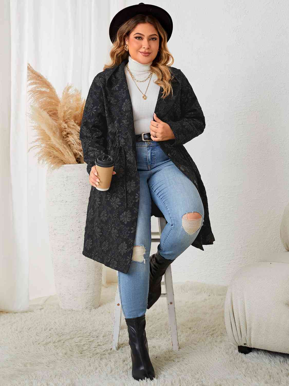 Plus Size Long Sleeve Hooded Trench Coat