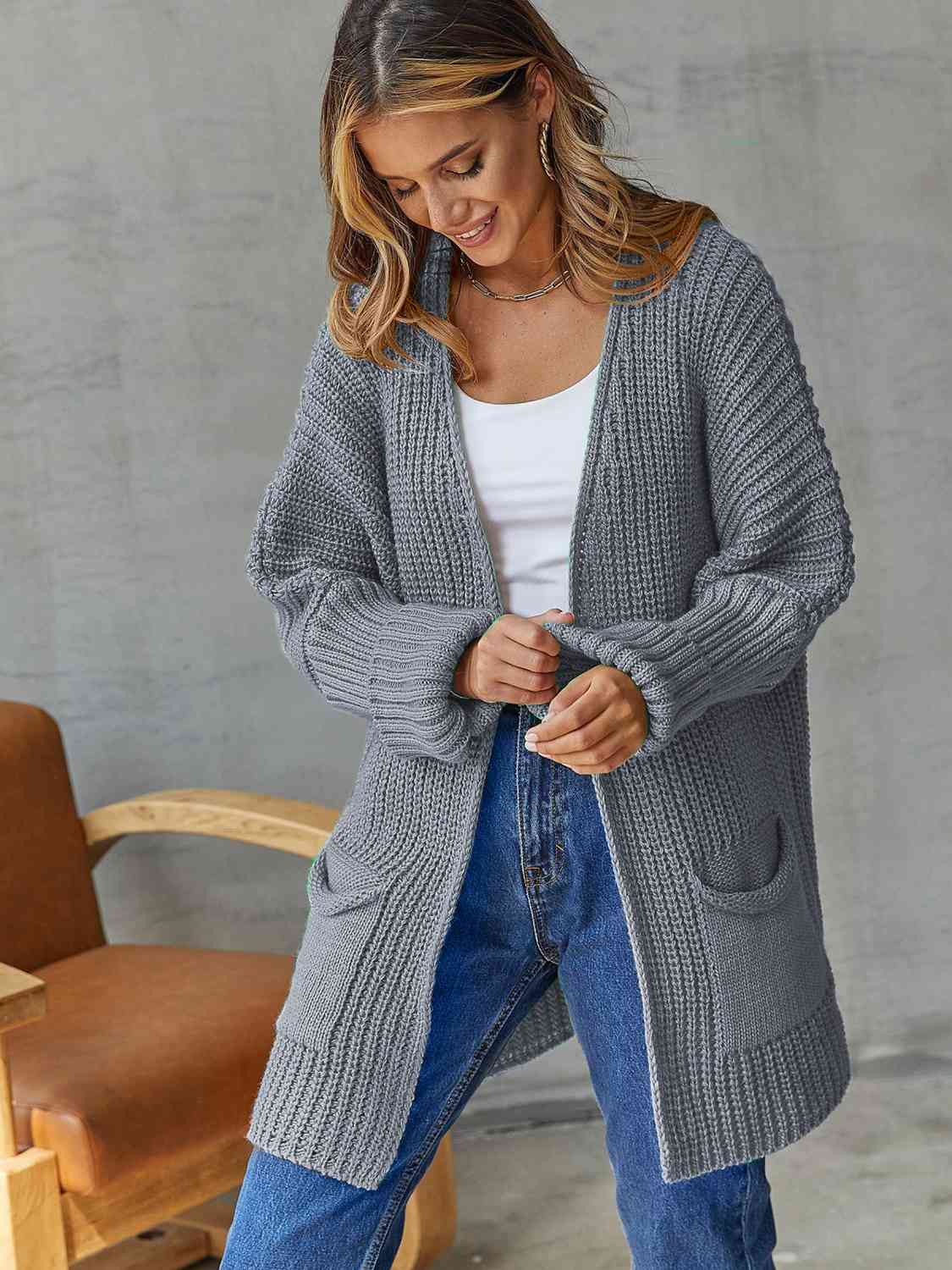 Open Front Long Sleeve Cardigan with Pockets