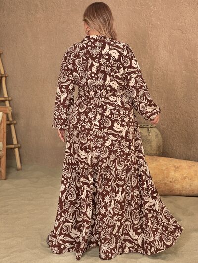 Plus Size Notched Balloon Sleeve Printed Maxi Dress