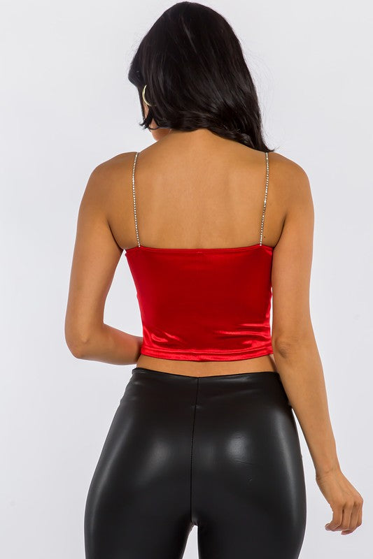 Jewel Crop Satin Diamond Strap Top