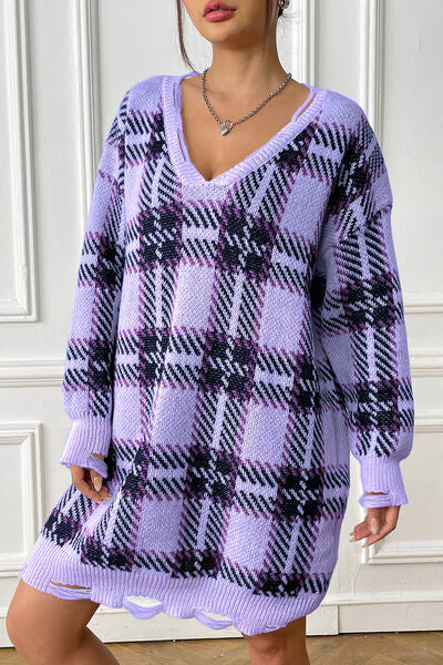 Plaid V-Neck Long Sleeve Sweater Dress