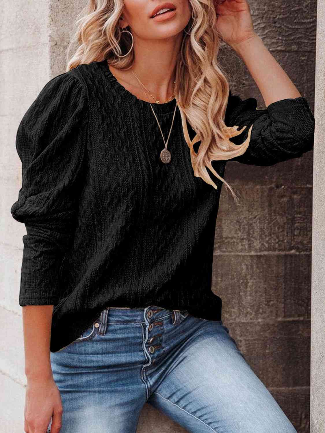 Round Neck Puff Sleeve Knit Top