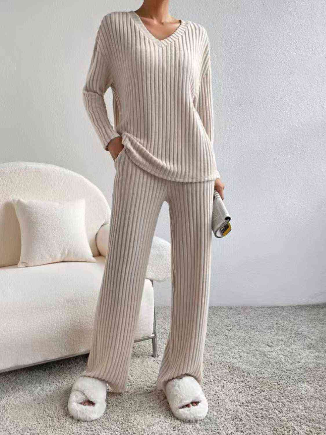 Ribbed V-Neck Long Sleeve Top and Pants Set