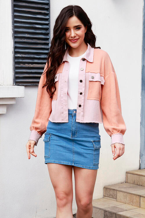 Button Up Raw Hem Long Sleeve Jacket