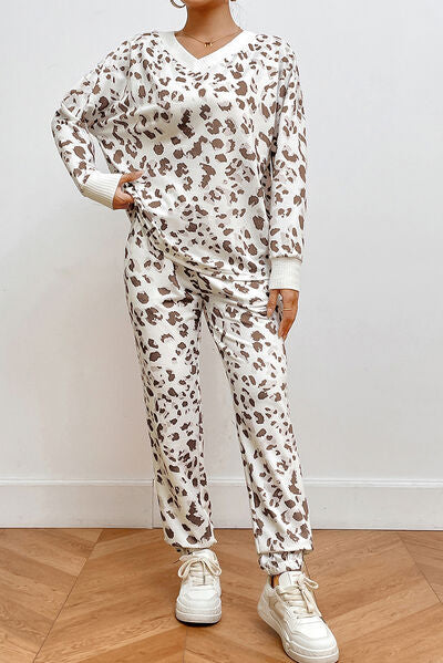 Leopard V-Neck Top and Pants Lounge Set