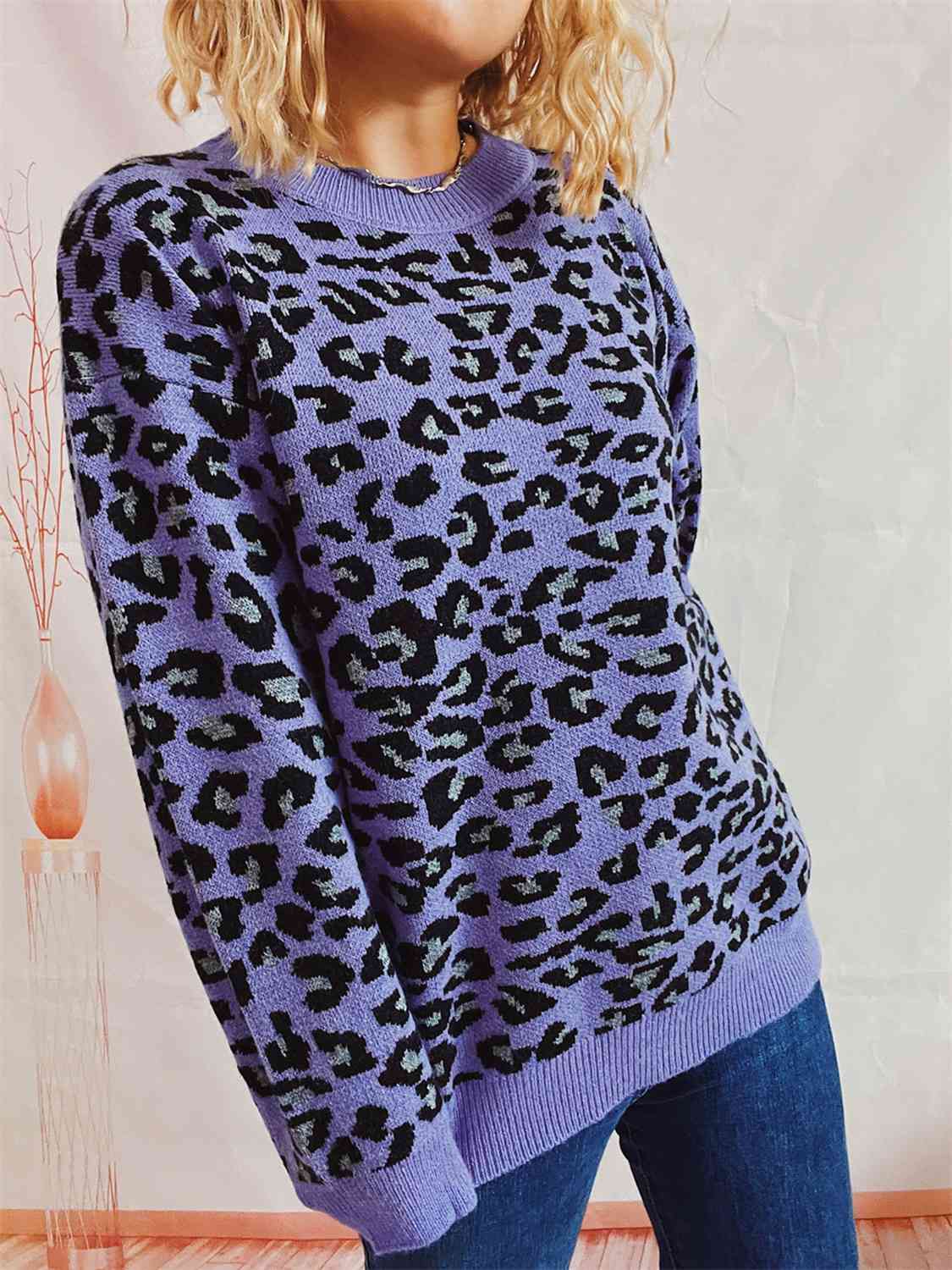 Leopard Round Neck Long Sleeve Sweater