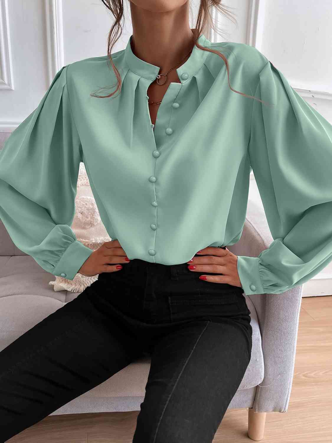 Mock Neck Button Front Shirt