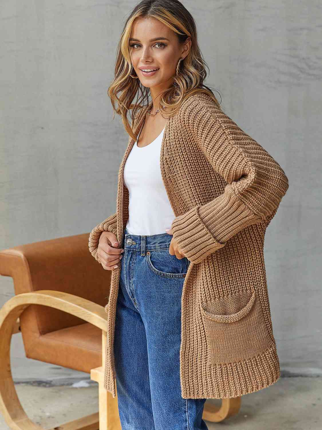 Open Front Long Sleeve Cardigan with Pockets