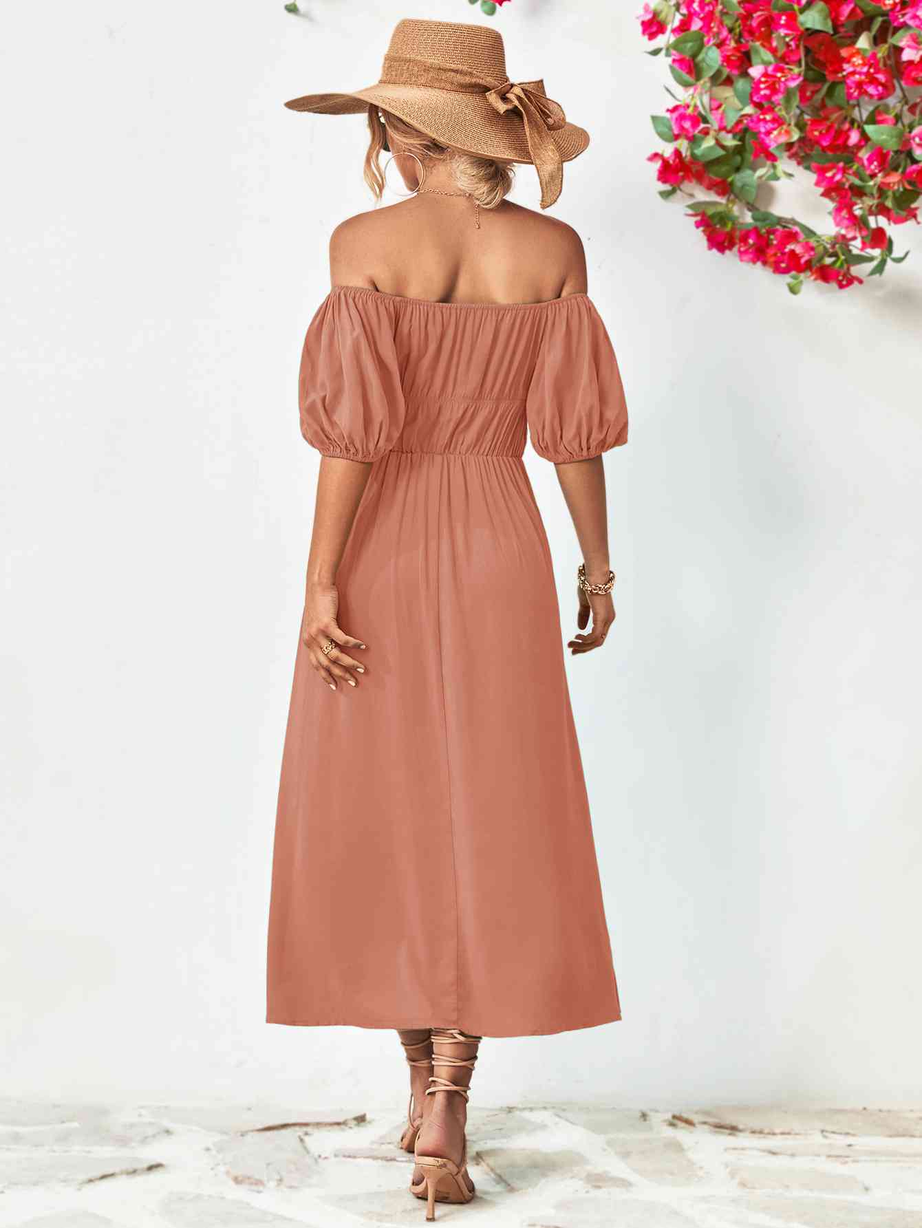 Off-Shoulder Balloon Sleeve Midi Dress