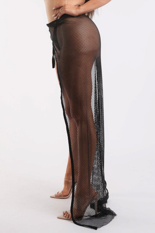 Rhinestone Detailed Fishnet Tie Maxi Coverup