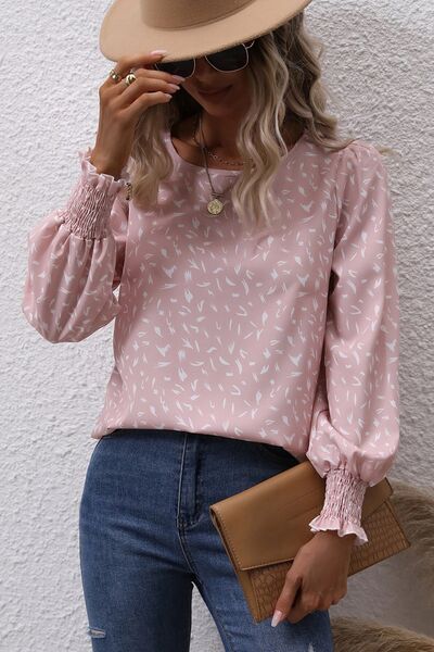 Printed Round Neck Lantern Sleeve Blouse