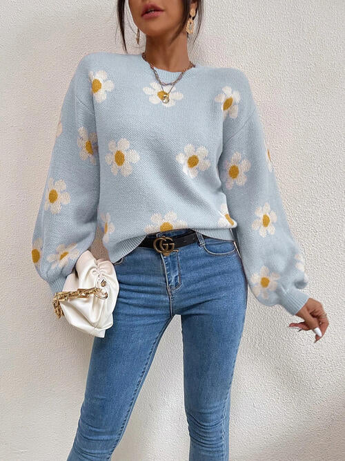 Flower Round Neck Latern Sleeve Sweater