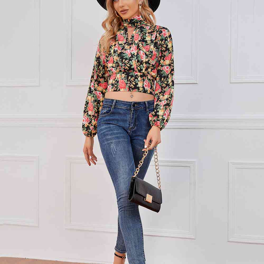 Cropped Floral Print Smocked Waist Blouse