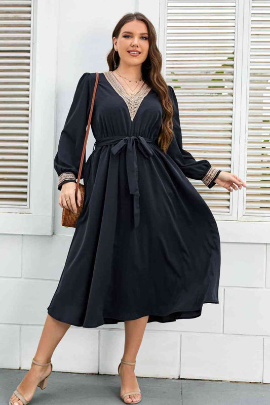 Melo Apparel Plus Size Contrast Tie Waist Midi Dress