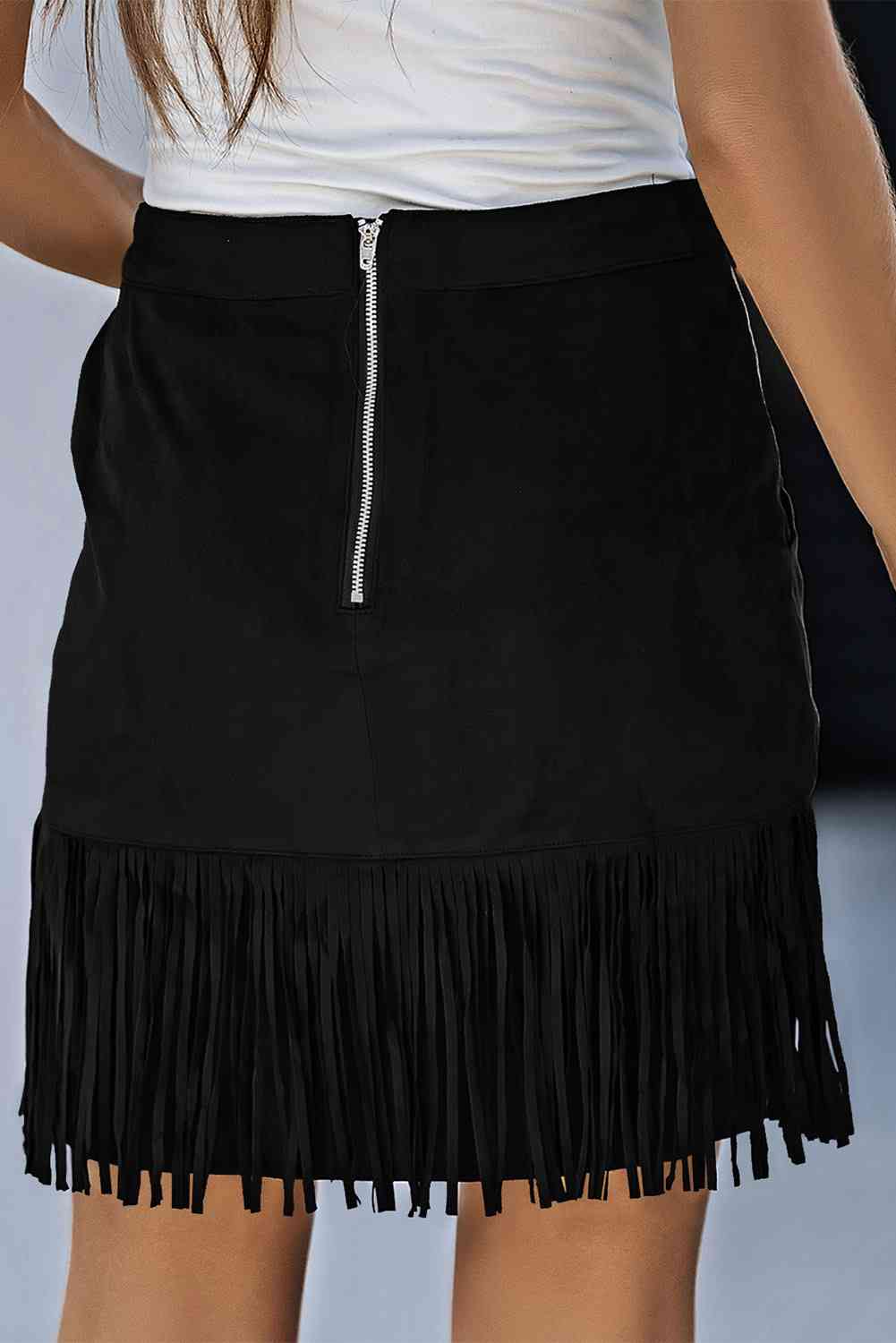 Fringe Detail Zip-Back Skirt with Pockets