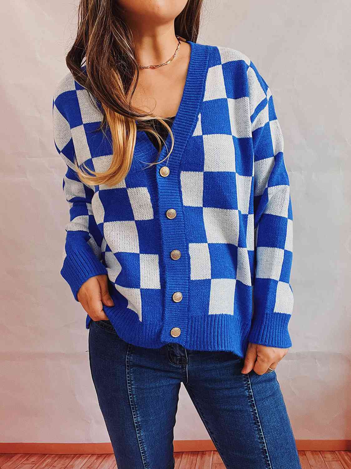 Checkered Open Front Button Up Cardigan