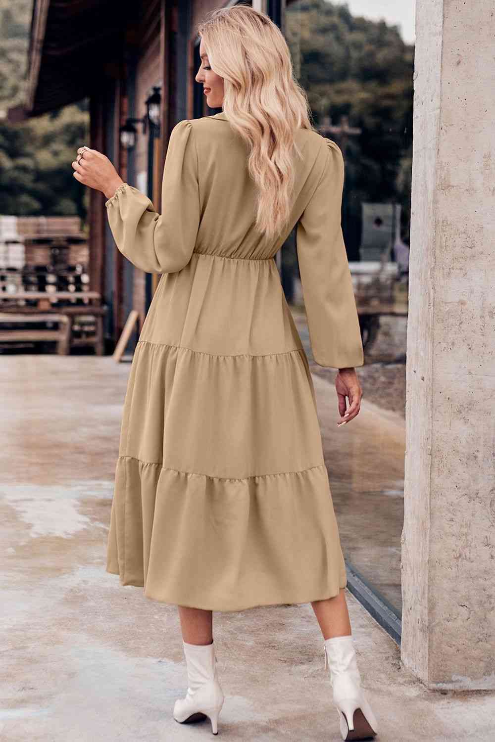 Collared Neck Long Sleeve Midi Dress