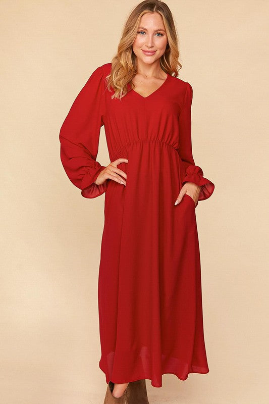 PUFF RUFFLE HEM SLEEVE WOVEN MAXI LINED DRESS