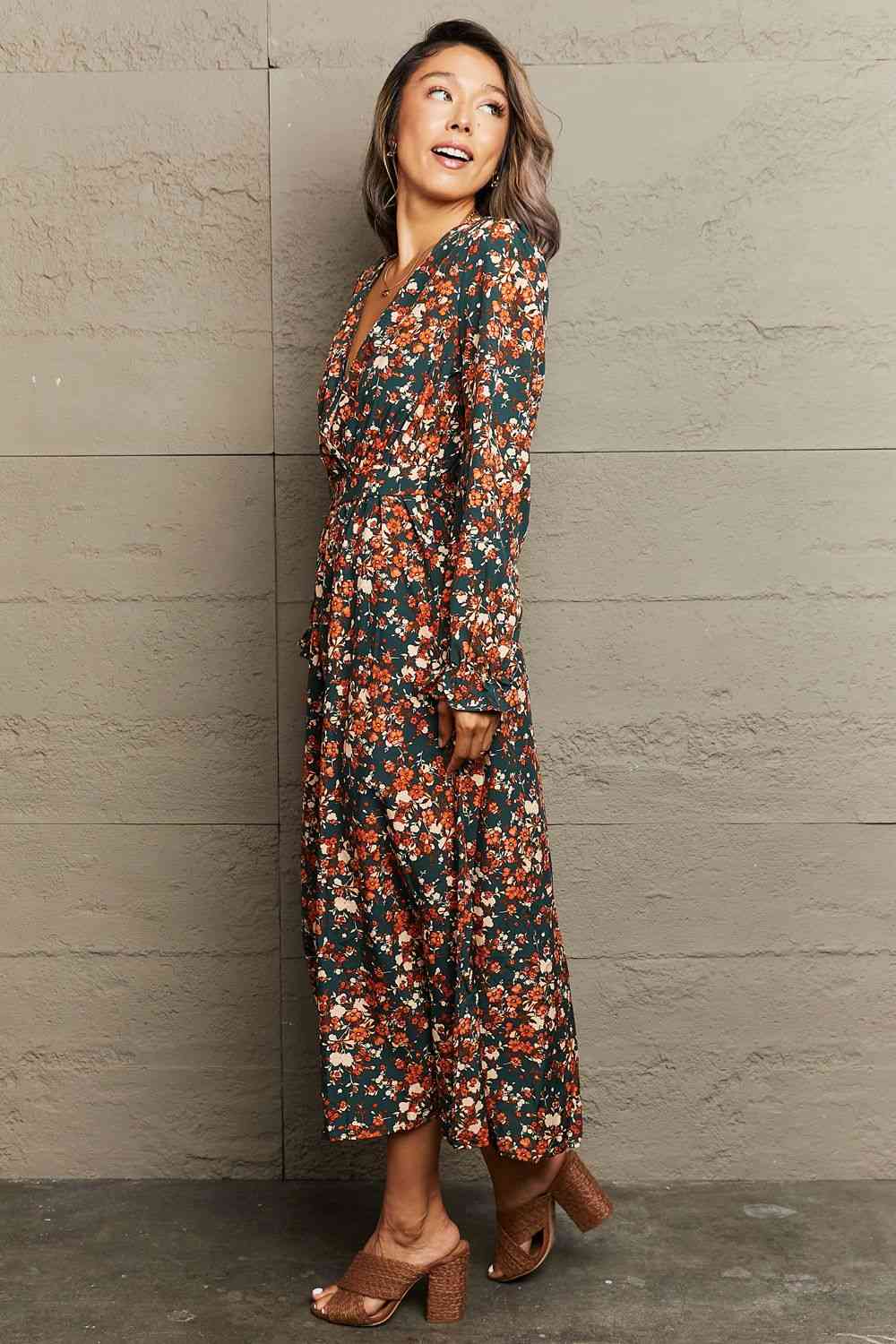 Printed Surplice Neck Long Sleeve Dress