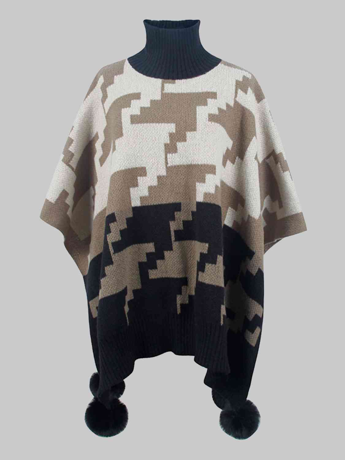 Turtleneck Pom-Pom Trim Poncho