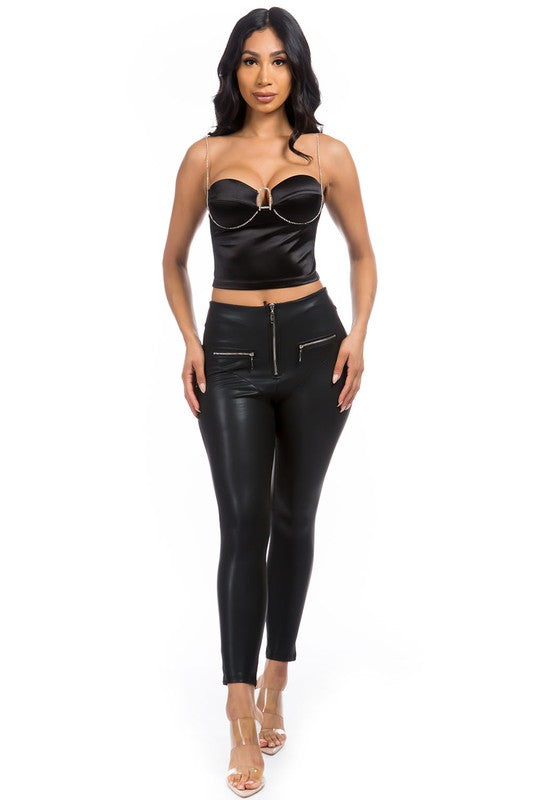 Jewel Crop Satin Diamond Strap Top