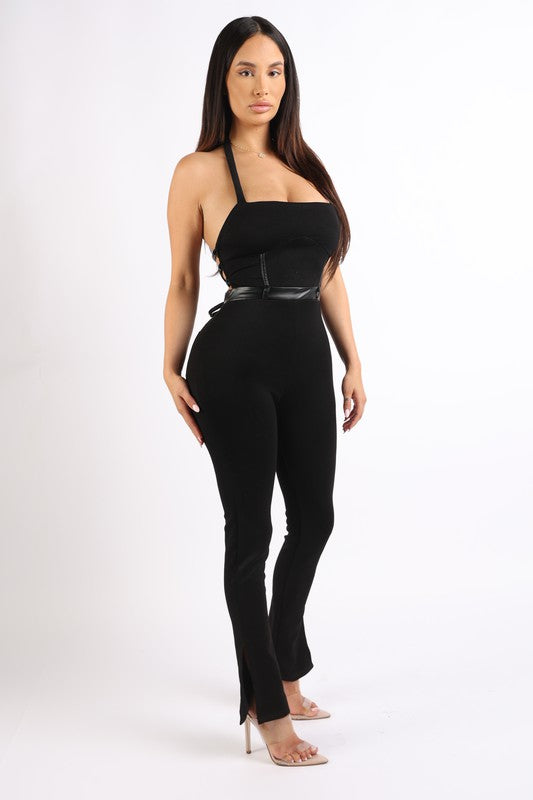 Matte PU lace up detailed jumpsuit