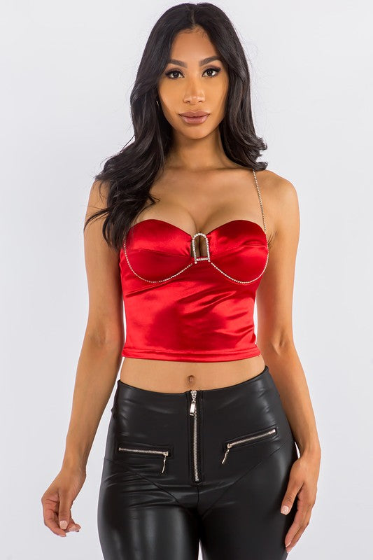 Jewel Crop Satin Diamond Strap Top