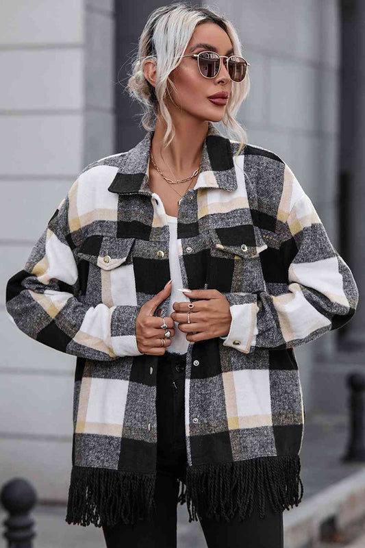 Plaid Collared Neck Snap Front Jacket