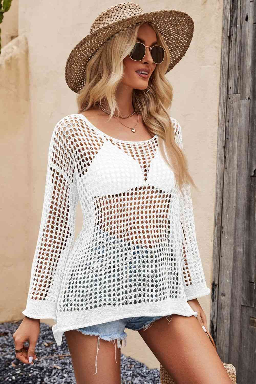 Openwork Round Neck Long Sleeve Cover Up