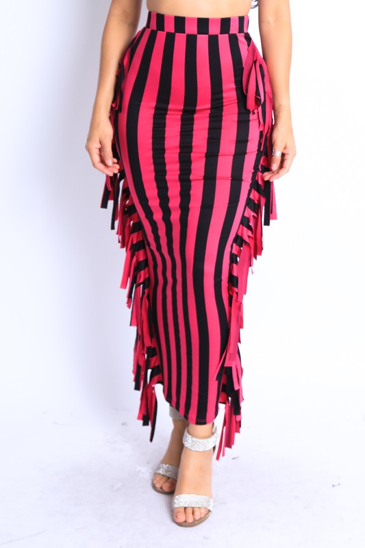 Vertical stripe printed fringed maxi skirt