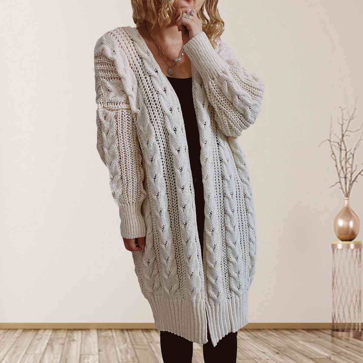 Cable-Knit Open Front Dropped Shoulder Cardigan