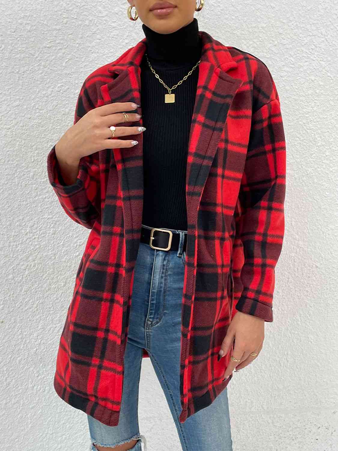 Plaid Lapel Collar Coat with Pockets