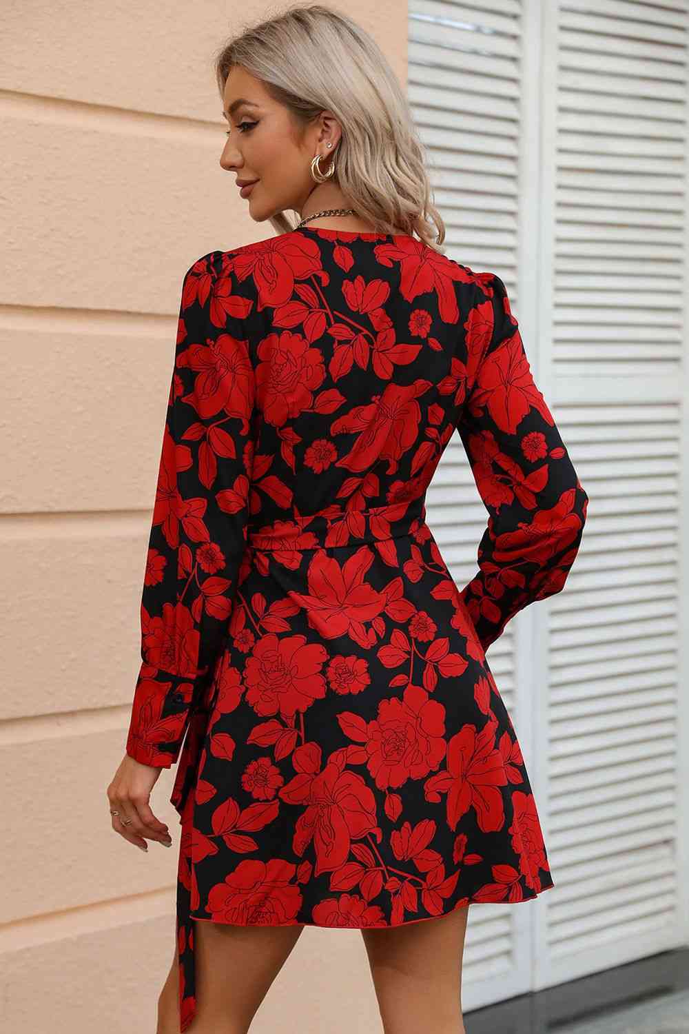 Floral Print Surplice Neck Tie Waist Dress