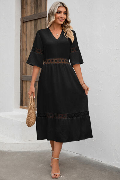 Cutout V-Neck Half Sleeve Midi Dress