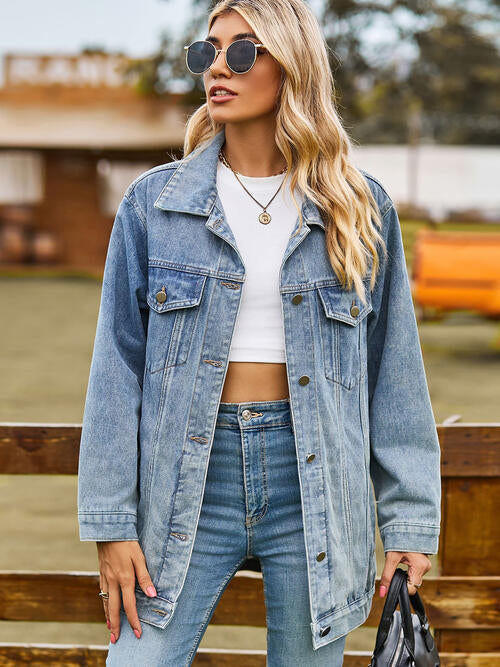 Collared Neck Denim Jacket With Pockets